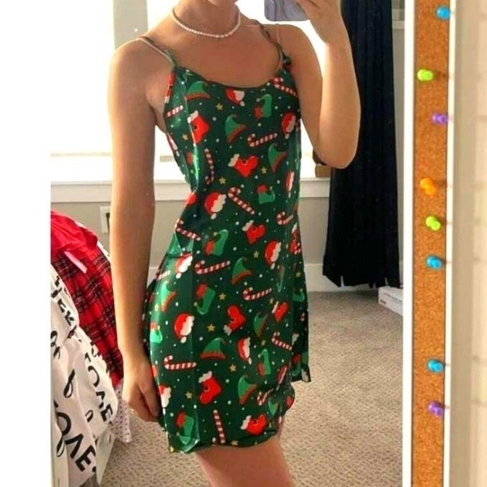 New Medium Christmas Print Green Satin Silky Cami Nightgown Dress Sleep Festive